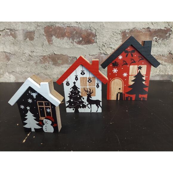 New Wooden Houses Set Christmas Decor Tree Reindeer Red Snowman Santa Decoration - Picture 2 of 4